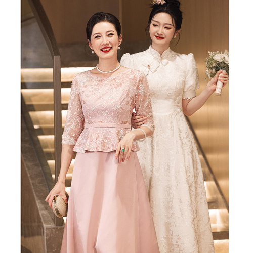 粉色喜婆婆婚宴装2026新款高端结婚喜服高贵年轻妈妈婚礼服小个子