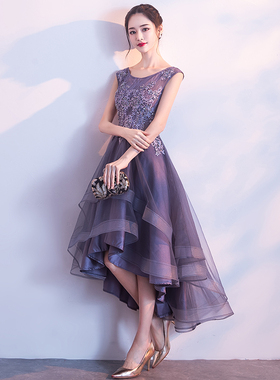 紫色晚礼服女2025新款宴会高贵气质名媛前短后长妈妈婚宴装连衣裙