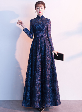 蓝色晚礼服女气质宴会高端年会主持人连衣裙合唱演出服中国风长款