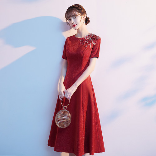 红色夏季中长款平时可穿晚礼服