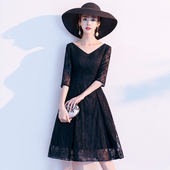黑色晚礼服女气质高端简单大方小个子宴会连衣裙平时可穿蕾丝短款