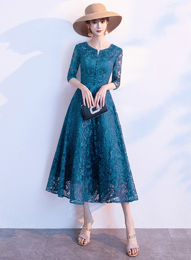 蓝色晚礼服女平时可穿气质高端参加婚礼妈妈婚宴装连衣裙高贵年轻