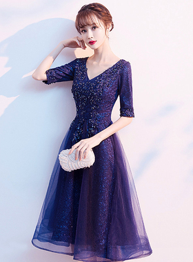 蓝色晚礼服女气质高端轻奢小众宴会主持人连衣裙平时可穿夏季高贵