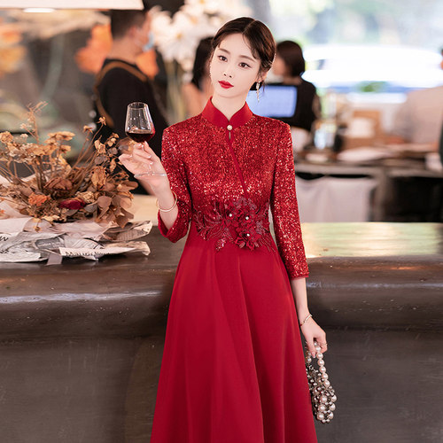 红色婚宴敬酒服冬季小个子长袖