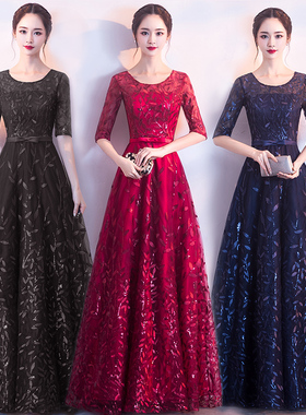 蓝色晚礼服女气质高端宴会主持人连衣裙合唱演出服夏季敬酒服长款