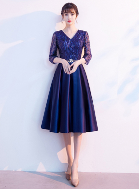 蓝色妈妈婚宴装晚礼服女高级感高贵年轻小个子婚礼敬酒服平时可穿