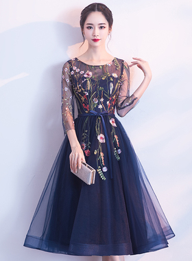 蓝色晚礼服女平时可穿气质宴会小个子高端年会主持人仙气连衣裙