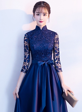 蓝色晚礼服女气质宴会高端妈妈婚宴装连衣裙合唱演出服中国风长款