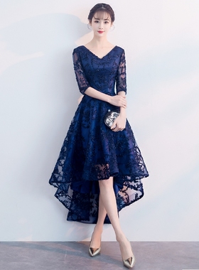 蓝色晚礼服女气质宴会高端妈妈婚宴装前短后长连衣裙平时可穿夏季