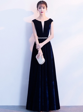 蓝色丝绒晚礼服女宴会高贵气质优雅高端妈妈婚宴装连衣裙轻奢长款