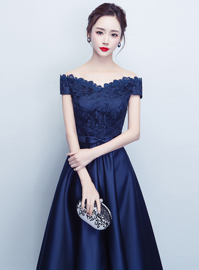 一字肩晚礼服女2025新款宴会高贵气质高端合唱演出服蓝色中长款