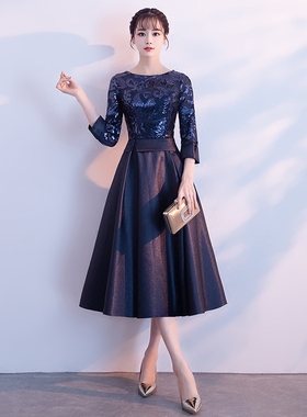 蓝色妈妈婚宴装晚礼服女高级感气质宴会高端婚礼连衣裙平时可穿