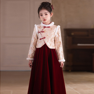 新中式女童拜年服过年唐装厚款加绒加厚毛领高级国风套装儿童旗袍