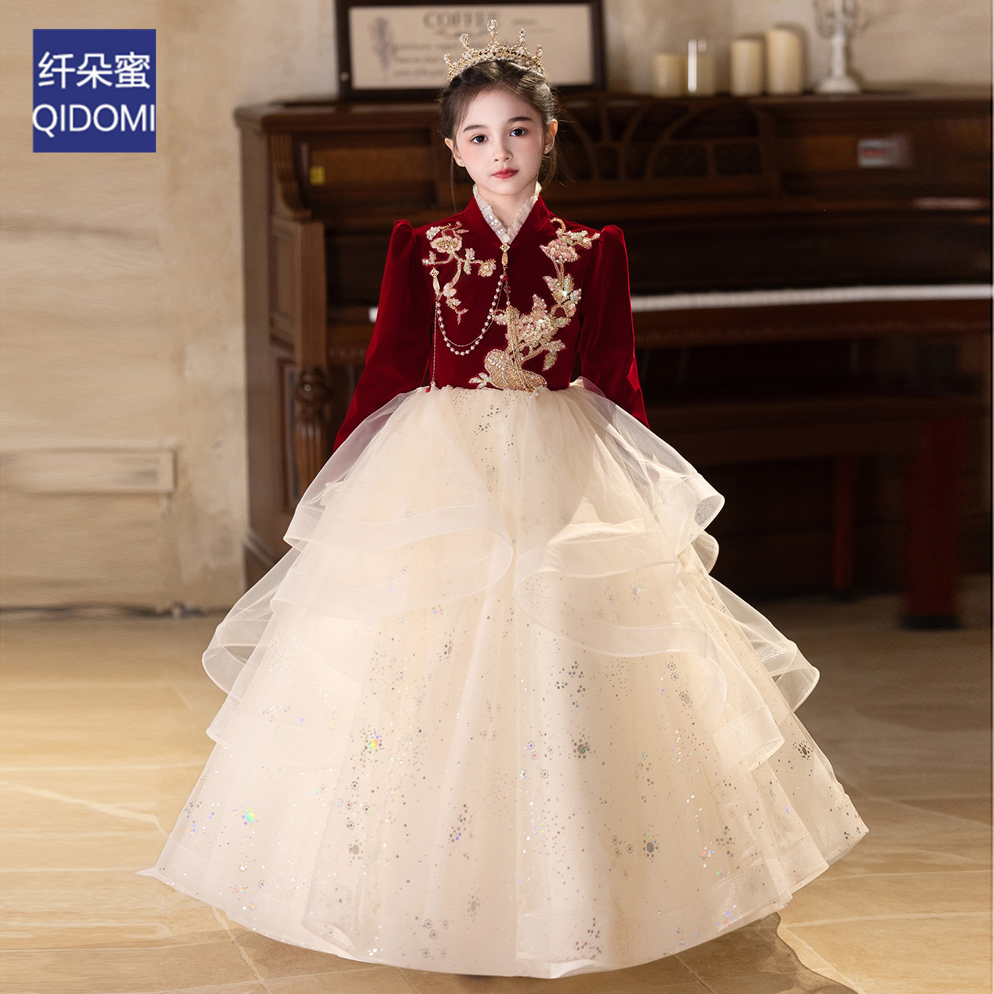 高级女童晚礼服冬季长袖拜年服奢华大牌公主蓬蓬裙儿童钢琴演出服
