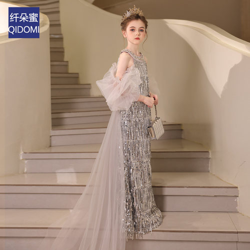 高定女童礼服裙鱼尾亮片拖尾挂脖法式奢华晚会儿童模特走秀演出服