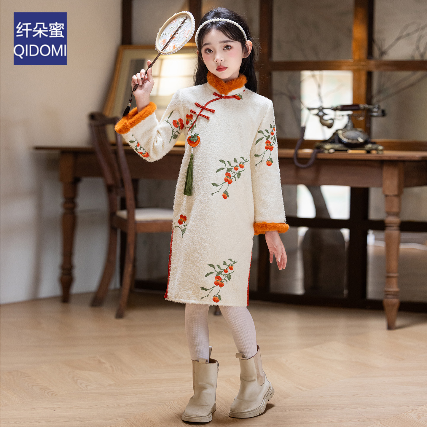 女童旗袍裙过年拜年服柿柿如意冬季加绒厚款保暖国潮风儿童连衣裙