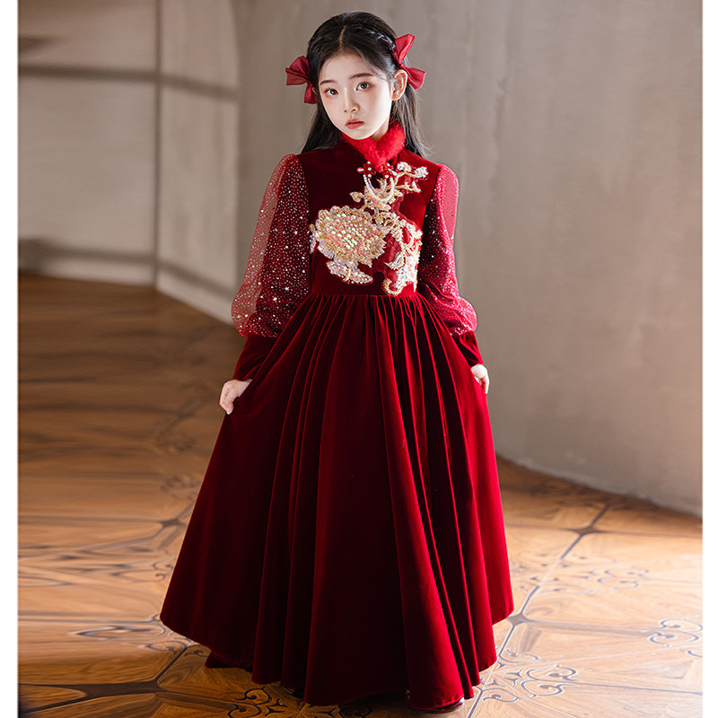 高端女童旗袍礼服裙秋冬红色丝绒厚款保暖长袖儿童公主过年拜年服,童装/婴儿装/亲子装,儿童礼服,淘宝优惠券,粉丝福利购,淘宝优惠卷