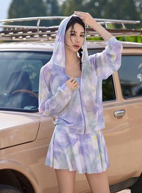 Juejue紫色泳装女士单件裙三件套运动保守大码微胖女生100kg瘦身