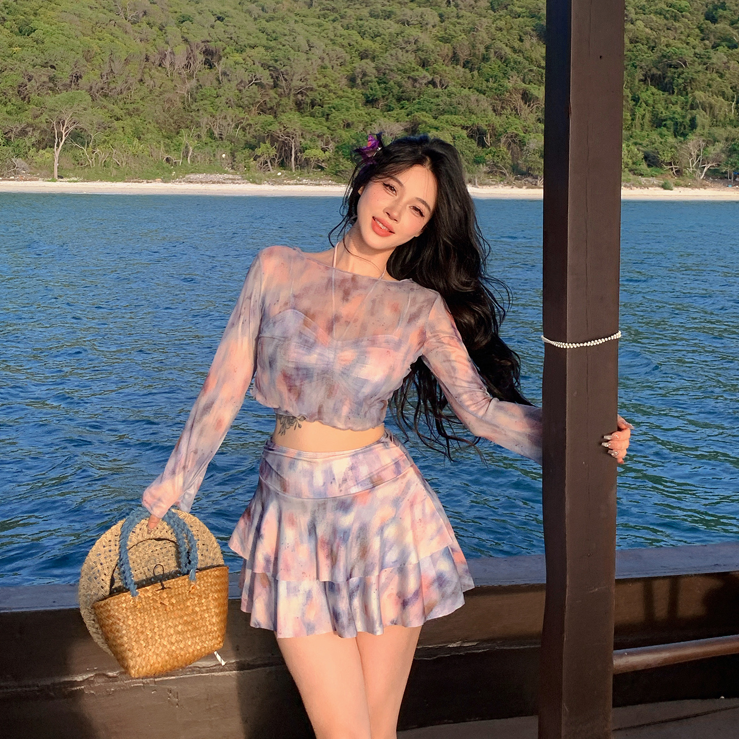 微胖女孩扎染网纱分体泳衣女大码长袖显瘦三件套海边度假风泳装