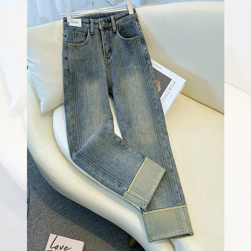 高档秋冬加绒加厚烟管牛仔裤女高腰翻边爆款美式小个子九分直筒裤