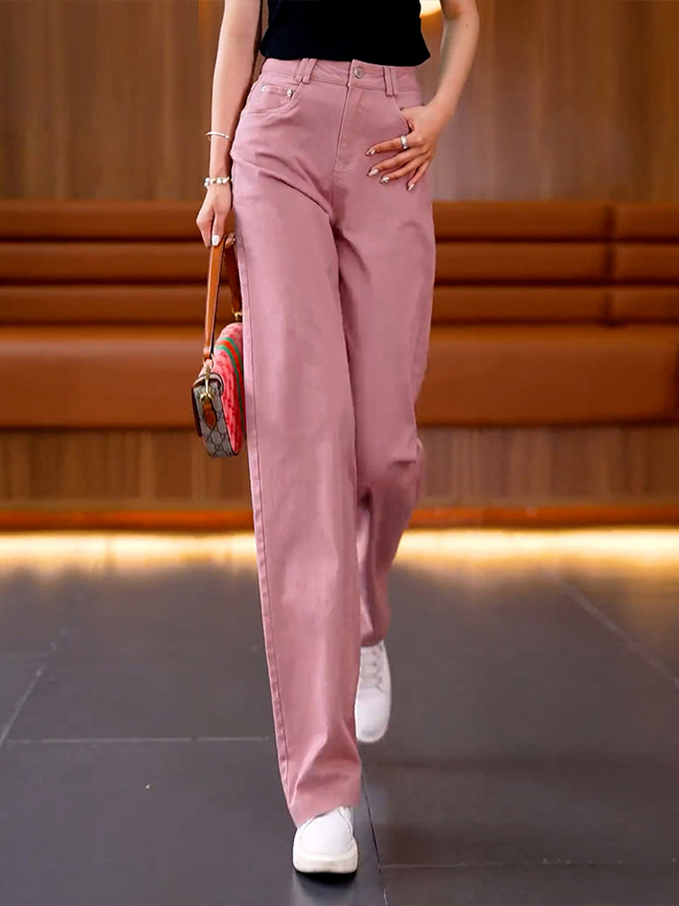 高档脏粉色高腰阔腿牛仔九分裤女秋冬加绒加厚新款窄版直筒拖地裤