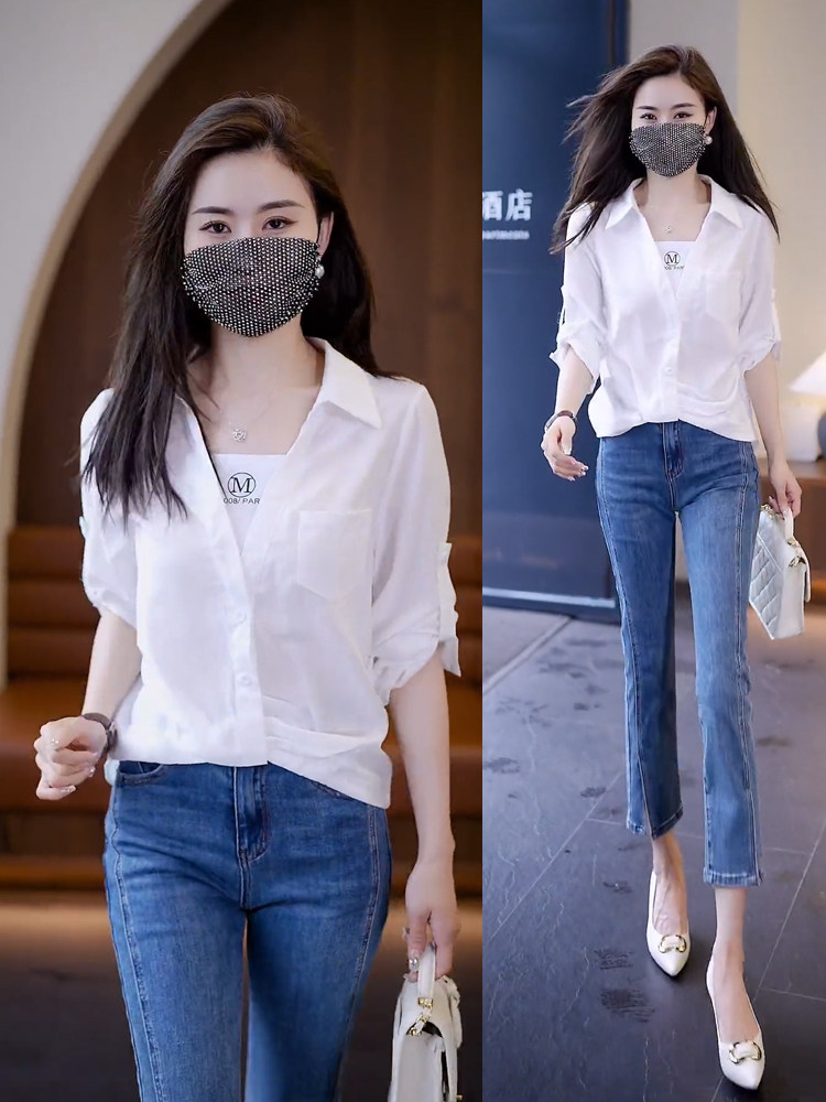 高档女装假两件套白衬衫，春秋季新款防晒衬衫，露腹瘦身上衣