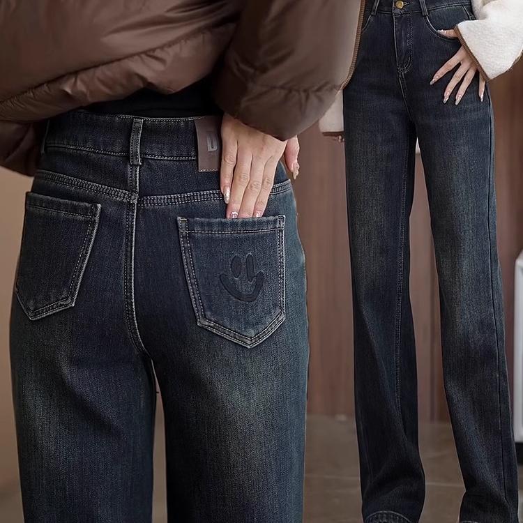 高档窄版阔腿牛仔裤女秋冬加厚新款高腰宽松显瘦加绒直筒九分裤
