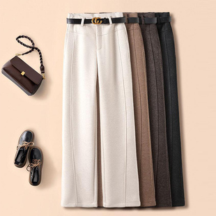 女秋冬加绒高腰松紧宽松羊绒阔腿裤 高档柔软醋酸羊毛呢窄版 直筒裤