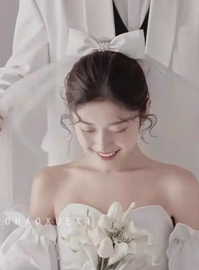 新娘主婚纱领证登记小头纱珍珠蝴蝶结双层简约头纱