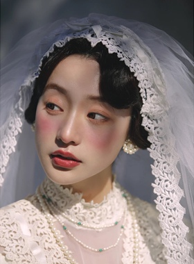 唯美新娘帽式蕾丝花边头纱婚纱拖尾头纱