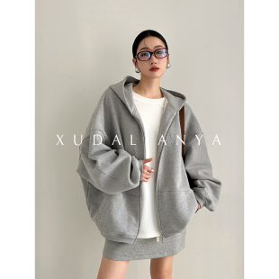 徐大脸吖定制 连帽卫衣短外套 慵懒全棉加绒休闲运动服女春秋长袖