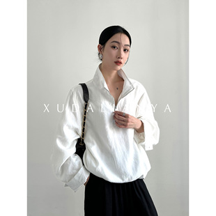 徐大脸吖定制 随性少年运动服上衣春天丝亚麻休闲白半拉链卫衣女