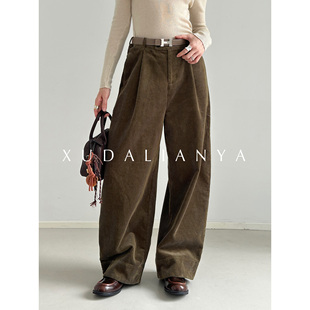 休闲秋冬女通勤阔腿高腰直筒裤 复古灯芯绒裤 子 法式 徐大脸吖定制