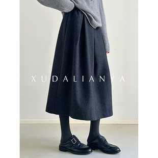 徐大脸吖定制 精纺羊毛百褶裙秋冬中长a字半身裙子女 知识分子意式