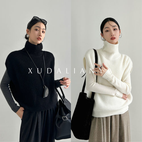 徐大脸吖定制 秋冬叠穿针织衫马甲浣熊毛羊毛无袖高领毛衣背心女