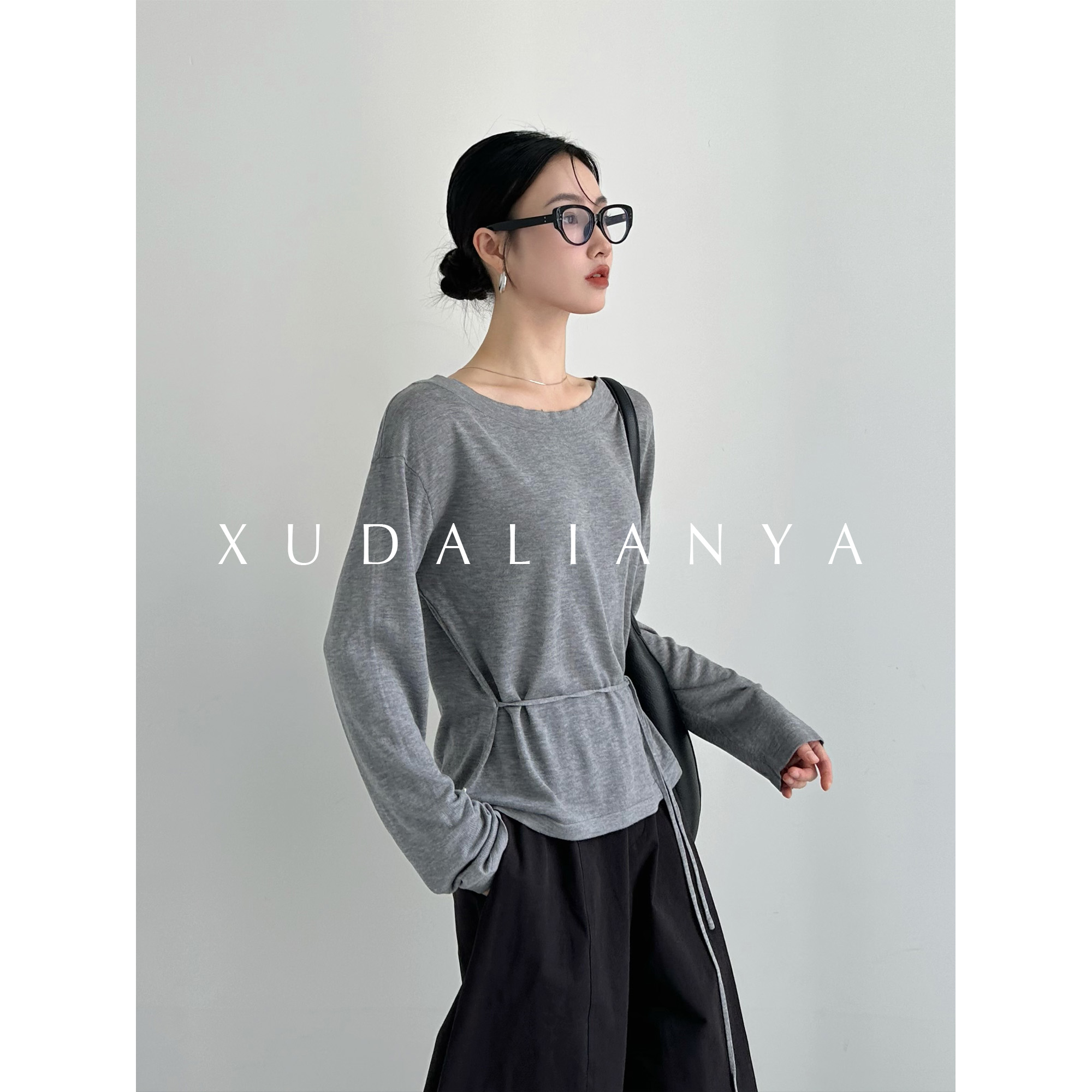 徐大脸吖定制 松弛慵懒露肩上衣秋天丝羊毛收腰一字领长袖针织衫