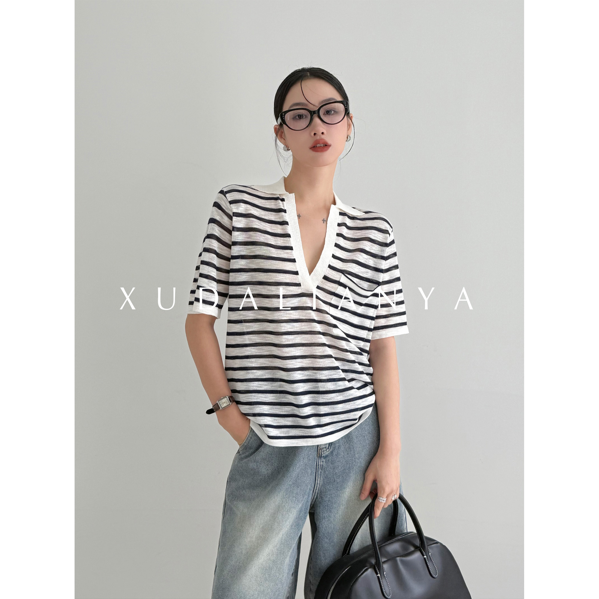 徐大脸吖定制 法式蓝白条纹薄针织衫夏宽松polo领海魂衫T恤女上衣