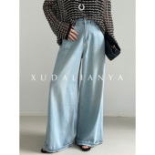 夏清爽浅色宽松高腰薄牛仔裤 徐大脸吖定制 纯棉垂坠感直筒裤 子女