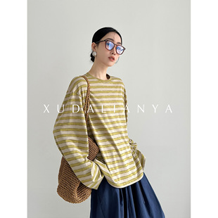 T恤女 上衣春复古条纹防晒衫 徐大脸吖定制 松弛慵懒感透气宽松长袖