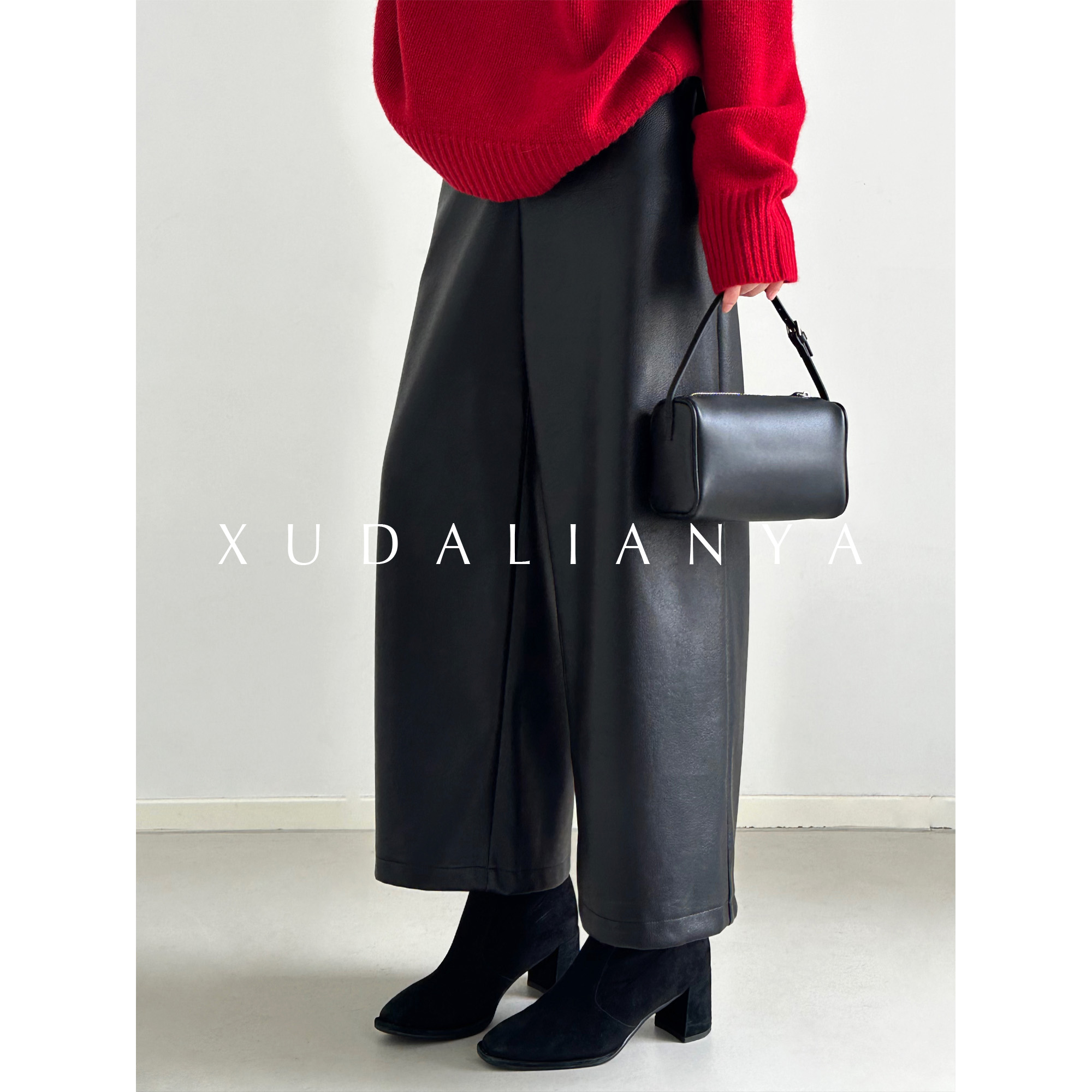 徐大脸吖定制 ROW经典秋冬环保软糯PU皮裤女休闲直筒阔腿八分裤子