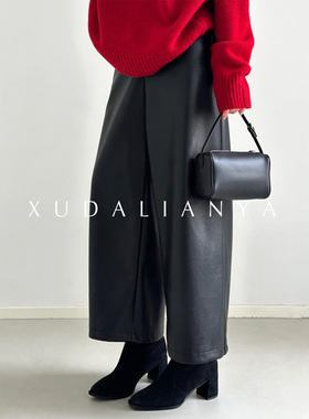徐大脸吖定制 ROW经典秋冬环保软糯PU皮裤女休闲直筒阔腿八分裤子