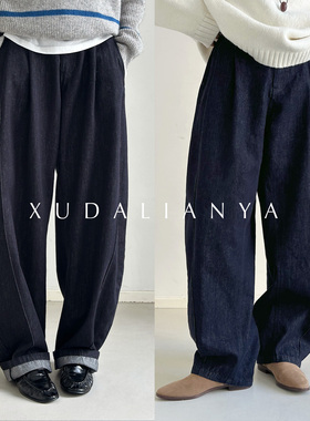 徐大脸吖定制 高质感加绒弯刀裤秋冬复古水洗宽松高腰牛仔裤子女