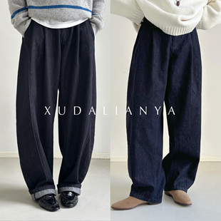 子女 秋冬复古水洗宽松高腰牛仔裤 徐大脸吖定制 高质感加绒弯刀裤