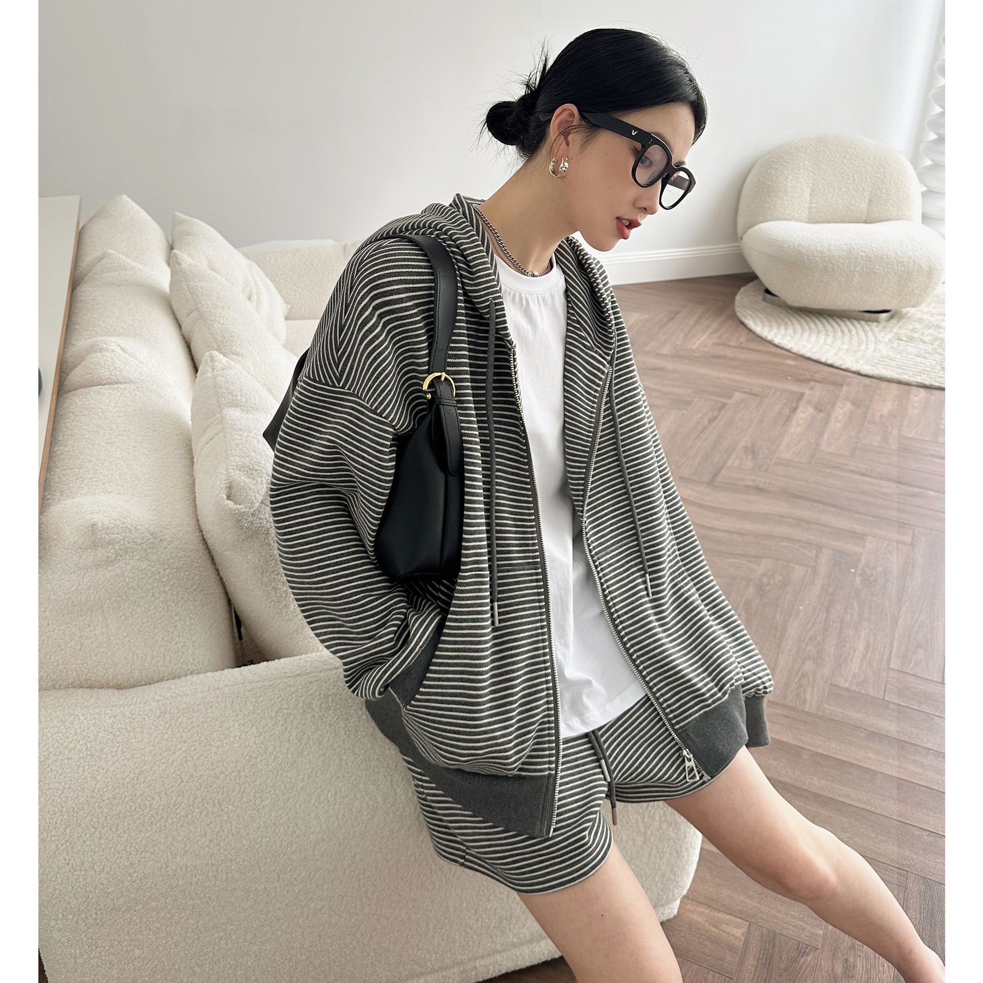 条纹连帽卫衣外套套装
