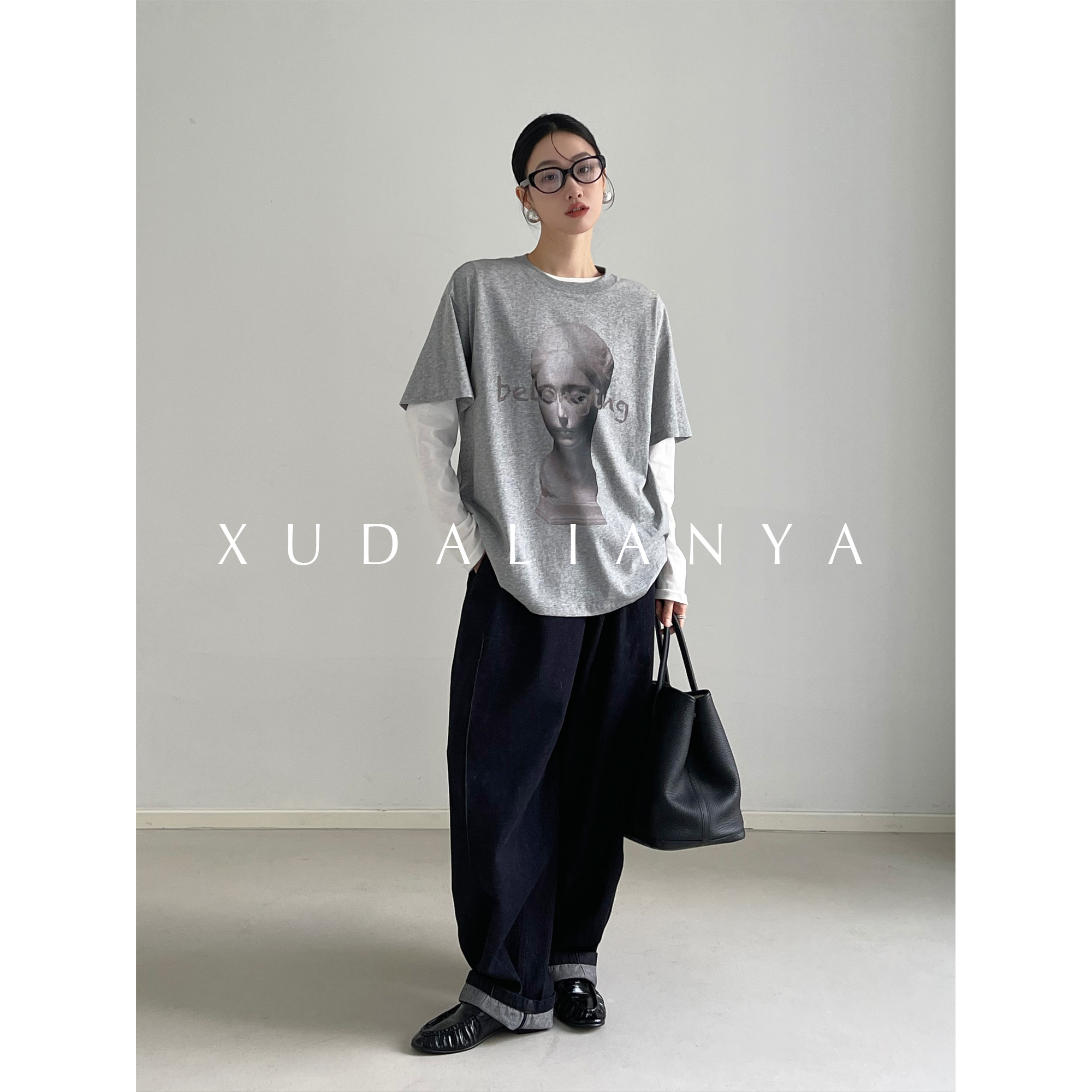 徐大脸吖定制 内搭外穿春秋水洗做旧美式长绒棉印花短袖T恤女上衣