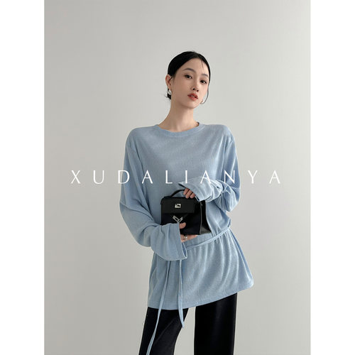 徐大脸吖定制 韩系慵懒基础款上衣秋女系带收腰松弛感垂坠长袖T恤