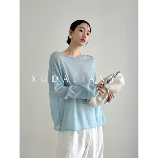 针织衫 徐大脸吖定制 防晒罩衫 长袖 上衣女 亚麻天丝微透T恤春夏薄款