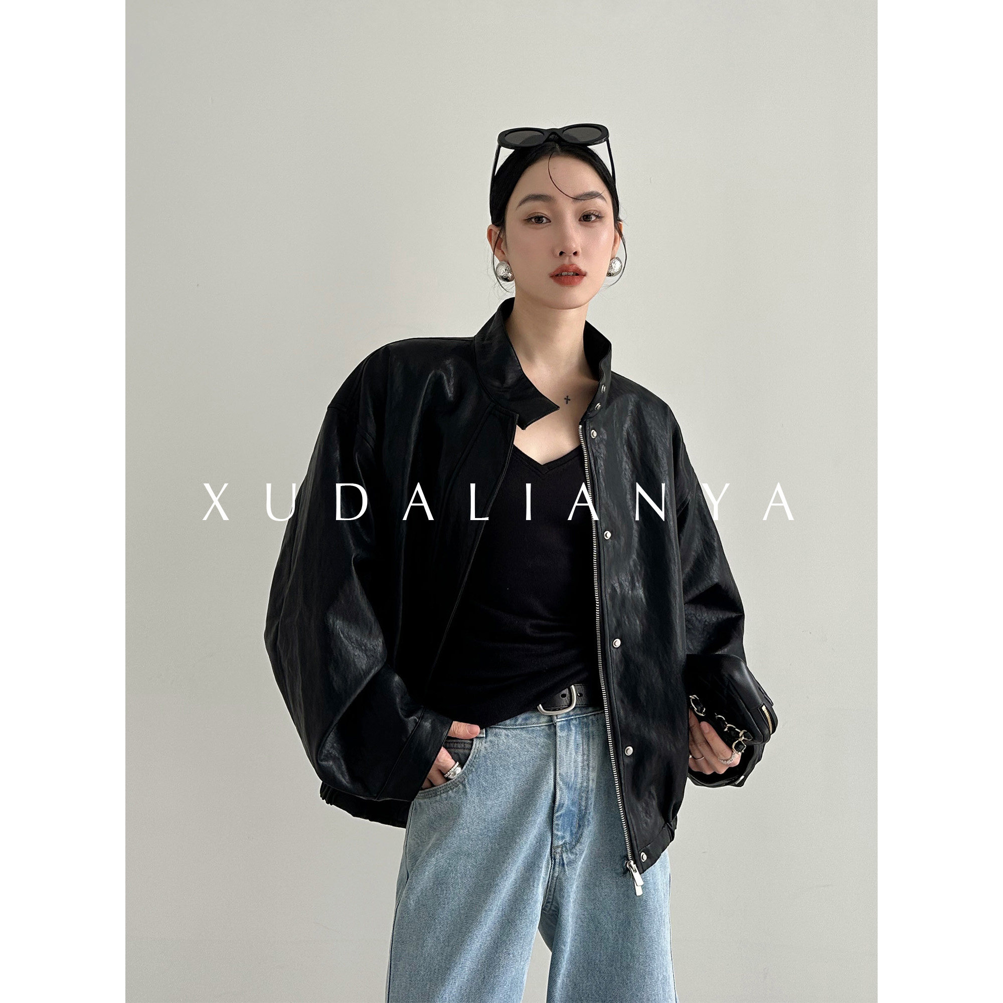 徐大脸吖定制 美式复古机车服夹克春短款柔软蜡感黑色皮衣外套女