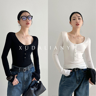 T恤女 上衣春秋U领长袖 徐大脸吖定制 肯豆t正肩显瘦内搭外穿打底衫