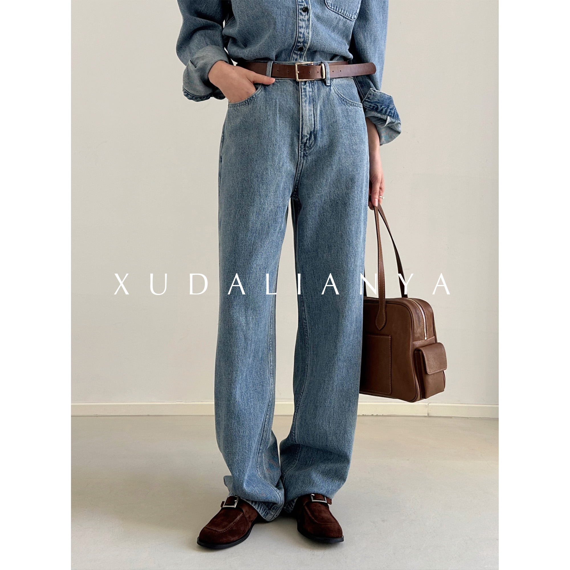 徐大脸吖定制 重磅汉麻天丝牛仔裤早春女复古水洗蓝垂感直筒裤子